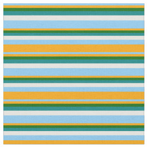 Light Sky Blue, Orange, Dark Green, Teal & White Fabric