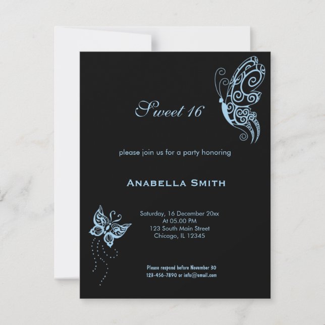 Light Sky Blue Sweet 16 Butterflies Invitation (Front)