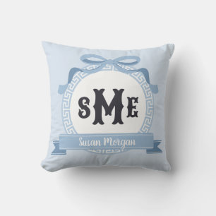 Light Slate Blue Reverse Greek Key Bow Monogram Cushion