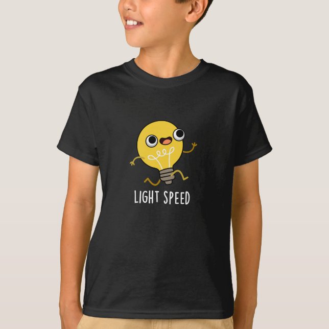 Light Speed Funny Running Bulb Pun Dark BG T-Shirt (Front)