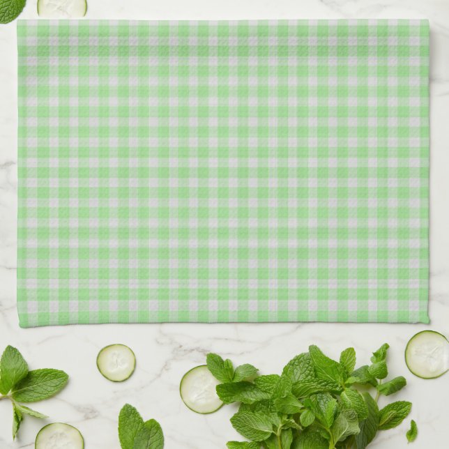 Light Spring Green Gingham Checkered Plaid Tea Towel (Folded)