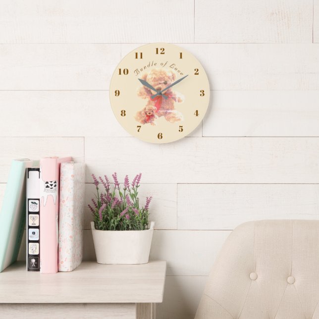 Light Tan Vintage Teddy Bear Nursery Large Clock (Reading Room)