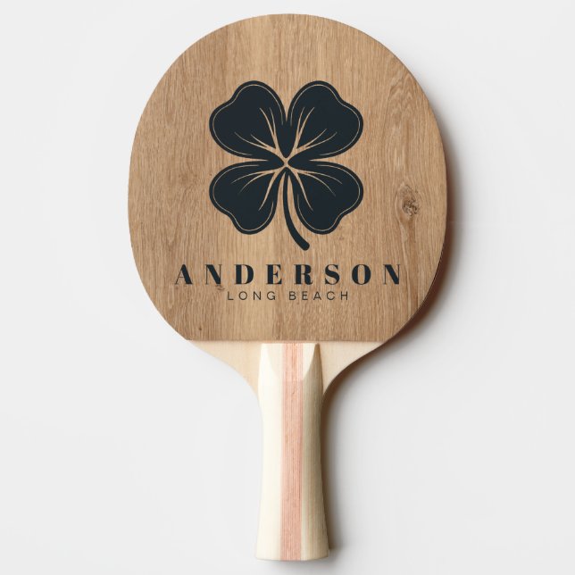 Light Teak Wood Four Leaf Clover with Name Ping Pong Paddle (Back)