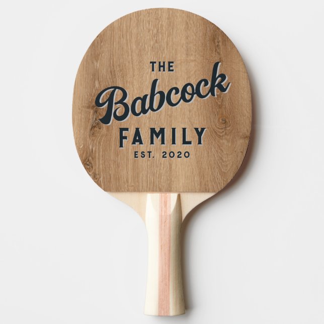 Light Teak Wood Retro Family Name & Year Ping Pong Paddle (Front)