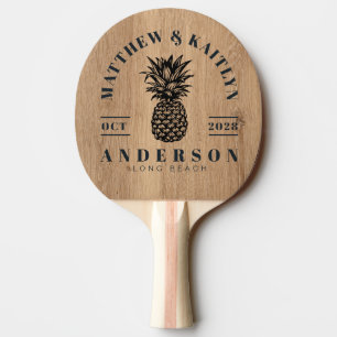 Light Teak Wood Tropical Pineapple Wedding Crest Ping Pong Paddle