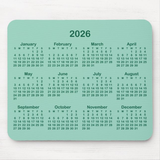 Light Teal and Hunter Green 2026 Calendar Mouse Pad (Front)