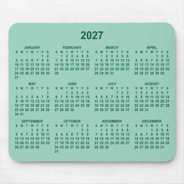 Light Teal and Hunter Green 2027 Calendar Mouse Pad (Front)
