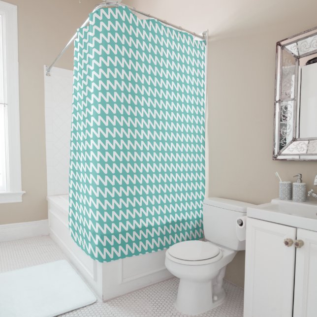 Light Teal and white Modern Sharp Waves Shower Curtain (In Situ)