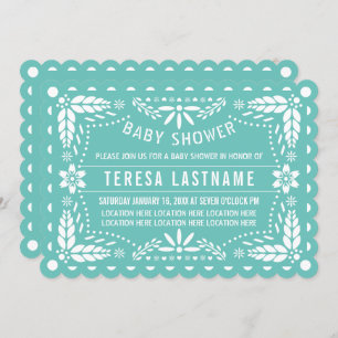Light teal and white papel picado baby shower invitation