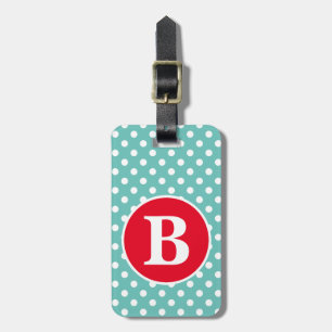 Light Teal and White Polka Dot with Red Monogram Luggage Tag