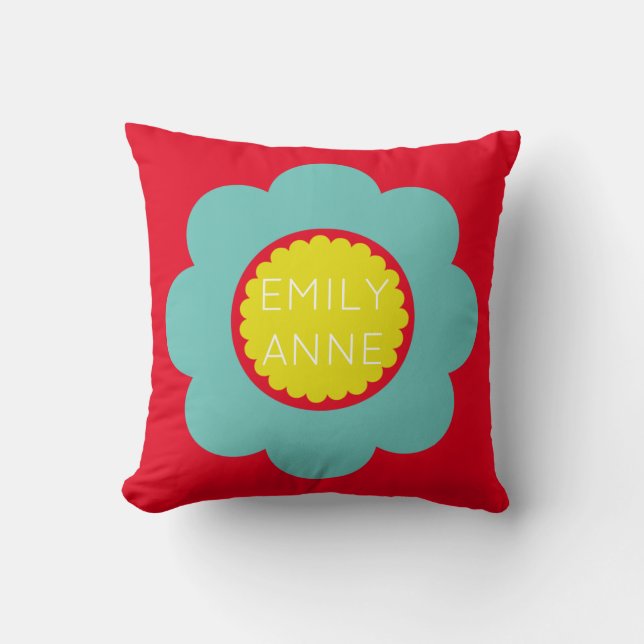Light Teal and Yellow Flower on Bright Red Cushion (Front)