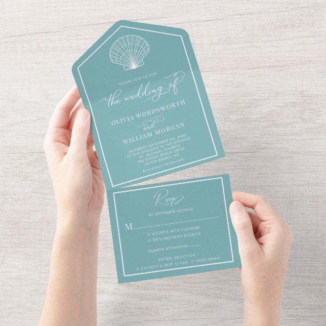 Light Teal Beach Seashell Coastal Wedding All In One Invitation (Tearaway)