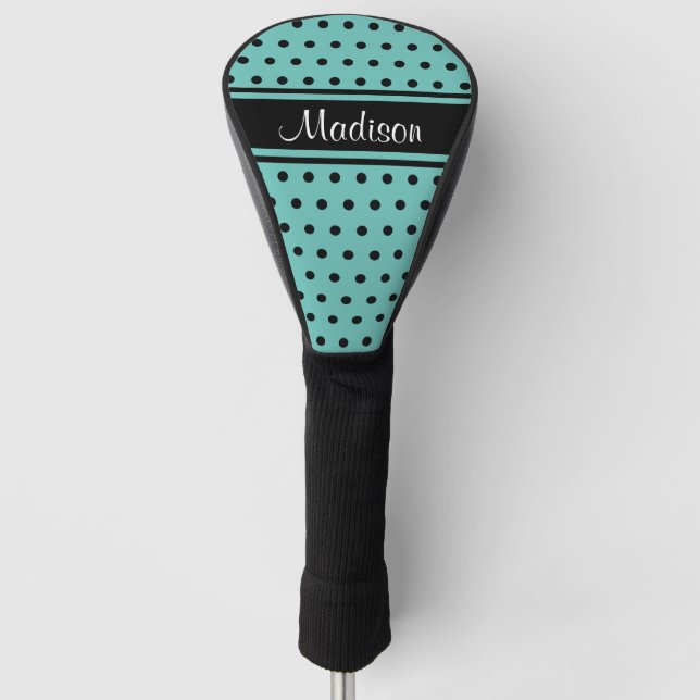 Light Teal Black Stripe Polka Dot Script Name Golf Head Cover (Front)