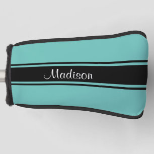 Light Teal Black Stripes Script Name Monogram Golf Head Cover