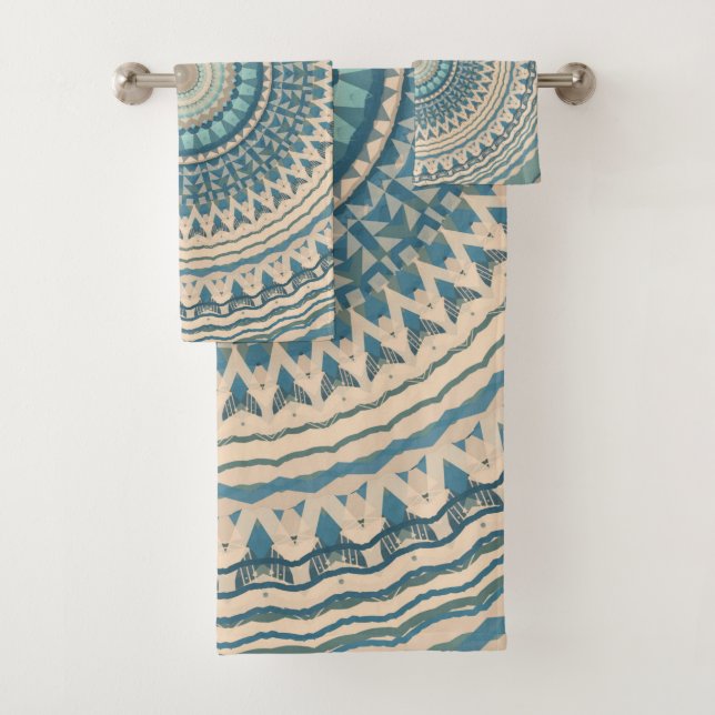 Light Teal Blue Beige Mandala  Bath Towel Set (Insitu)