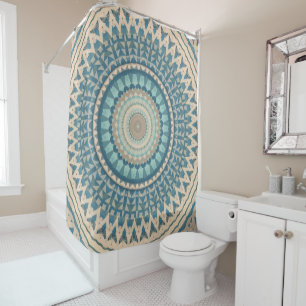 Light Teal Blue Beige Mandala Shower Curtain