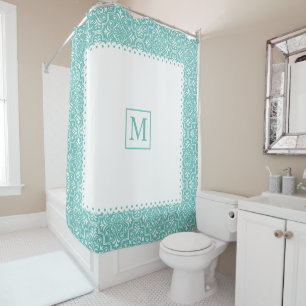 Light teal blue damask pattern, frame and monogram shower curtain