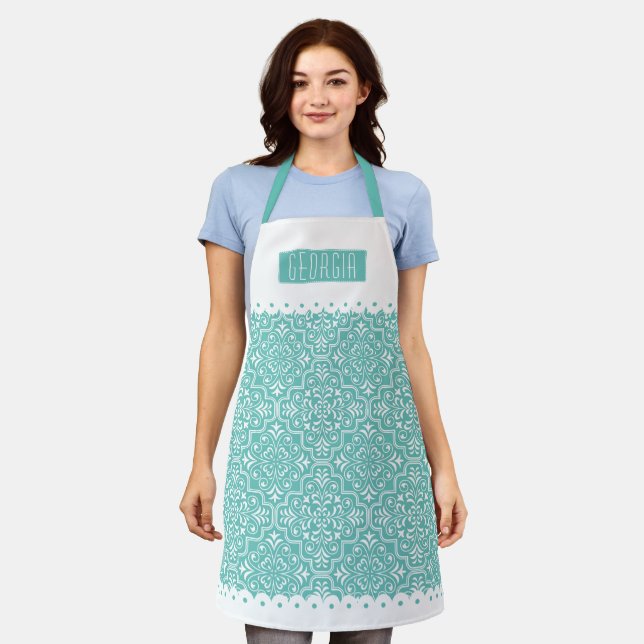 Light teal blue damask pattern scalloped borders apron (Worn)