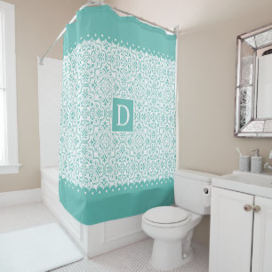 Light teal blue damask scalloped borders monogram shower curtain