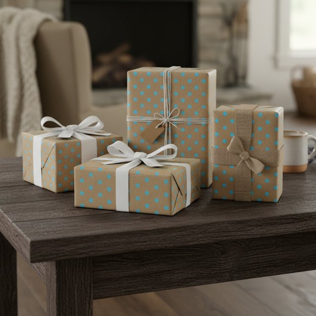 Light Teal Blue Green Dots Faux Rustic Brown Kraft Wrapping Paper (Creator Uploaded)