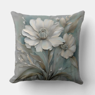 Light Teal Blue Grey Beige White Modern Flowers Cushion