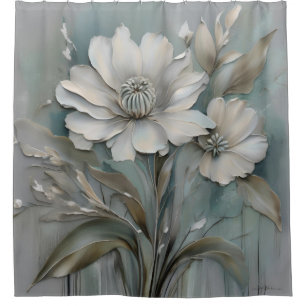 Light Teal Blue Grey Beige White Modern Flowers Shower Curtain