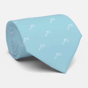 Light Teal Blue White Script Pattern Monogram Tie