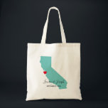 Light Teal California Wedding Welcome Tote Bag<br><div class="desc">A light teal map shape of the state of California with a red heart. You can create your own California wedding destination welcome bags for your guests. All of the colours are customisable on these wedding welcome tote bags. You can change the map shape, elegant calligraphy or modern text, and...</div>