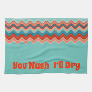 Light Teal Coral Salmon Orange Blue Wavy Zigzag Tea Towel