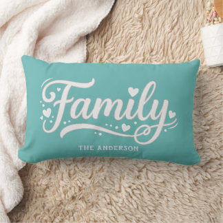 Light teal Family Heart Script Monogram Lumbar Cushion