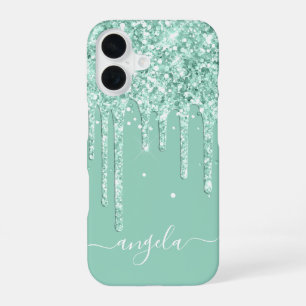 Light Teal Glitter Drips Glam Signature iPhone 16 Case