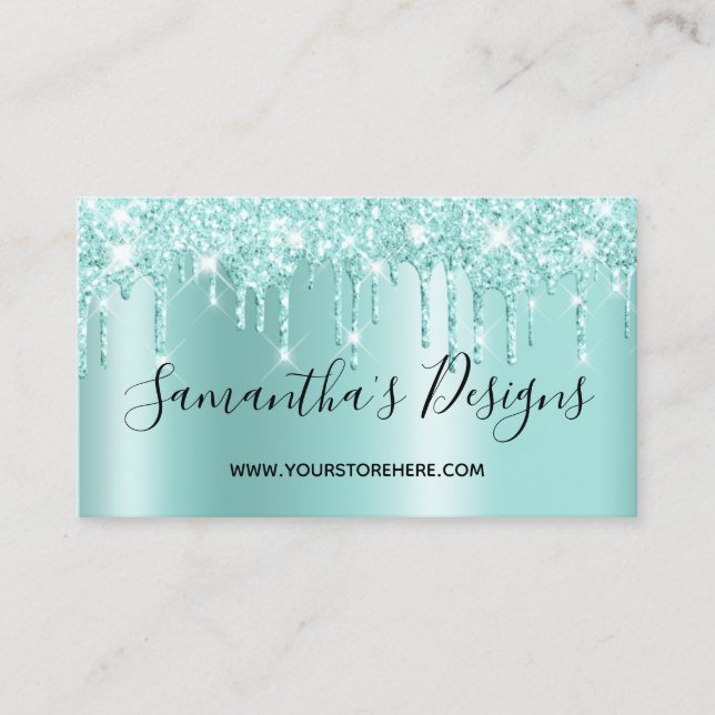 Light Teal Glitter Drips Ombre Online Store Business Card (Front)