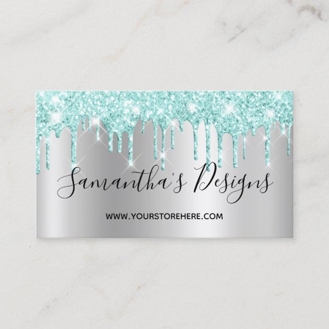 Light Teal Glitter Drips Silver Ombre Online Store Business Card (Front)