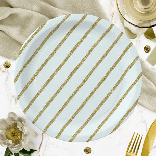 Light Teal Gold Glitter Stripe Pattern Paper Plate