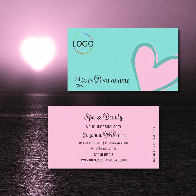 Light Teal Gorgeous Pink Heart Chic with Logo Cute Business Card (Creator Uploaded)
