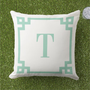 Light Teal Greek Key Border Monogram Cushion
