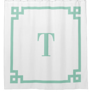 Light Teal Greek Key Simple Monogram Shower Curtain
