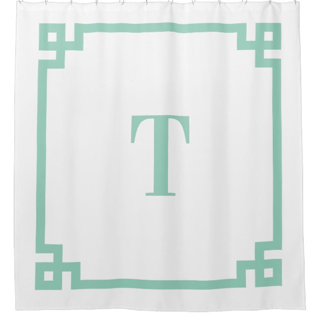Light Teal Greek Key Simple Monogram Shower Curtain (Front)
