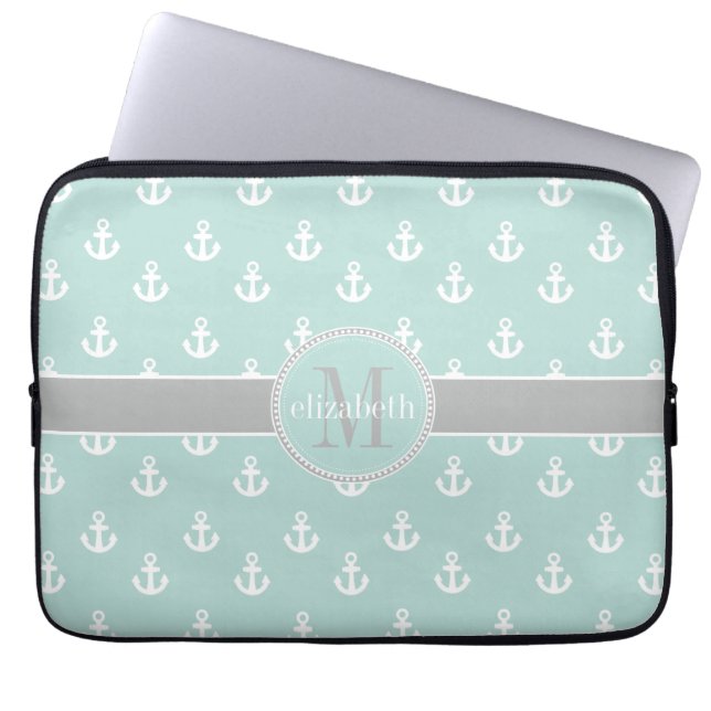 Light Teal Grey Moroccan Quatrefoil Monogram Laptop Sleeve (Front)