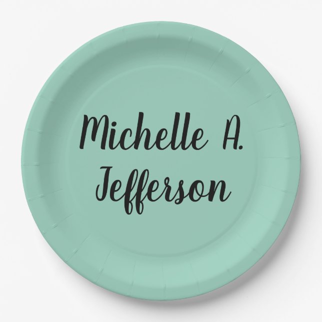 Light Teal Handwriting Creative Trendy Name Paper Plate (Front)