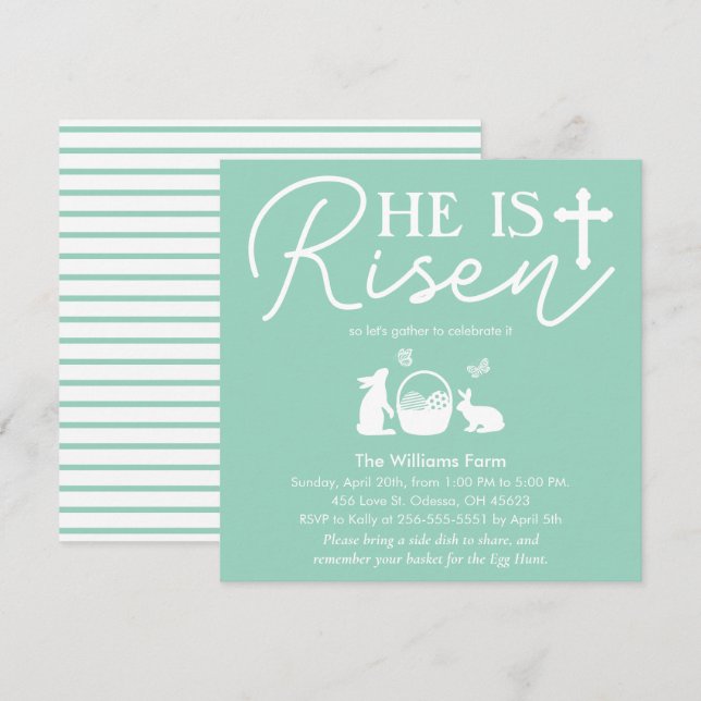 Light Teal “He Is Risen” Easter Celebration  Invitation (Front/Back)
