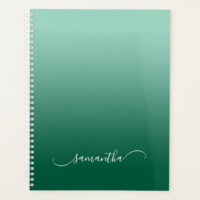 Light Teal Hunter Green Ombre Curved Swash Name Planner (Front)