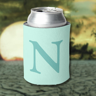 Light Teal Initial Letter Trendy Pastel Mint Blue  Can Cooler