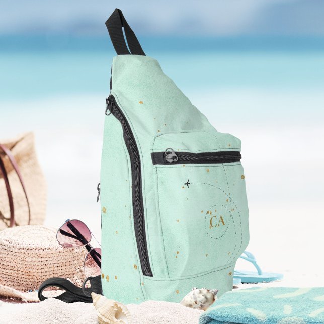 Light Teal Minimalist Monogram Gold Aeroplane Sling Bag (Light Teal Minimalist Monogram Gold Airplane Sling Bag ©Susanne Sachers - Sunny Wanderlust 🌞✈️)