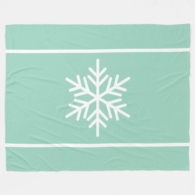 Light Teal Mint White Snowflake Horizontal Stripes Fleece Blanket (Front (Horizontal))