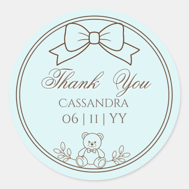 Light teal Personalised Teddy Bear Bow Classic Round Sticker (Front)