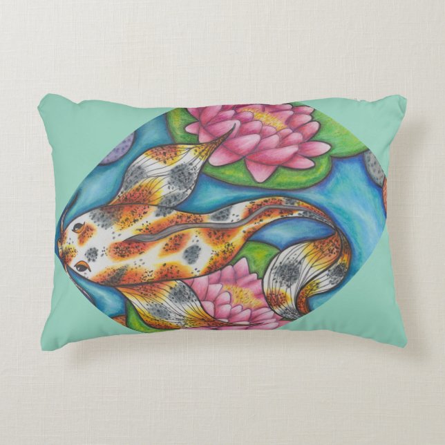 Light Teal Pillow With Koi Fish and Lotus Art (Front)