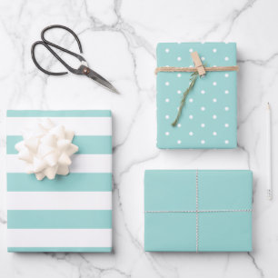 Light Teal Polka Dot Wide Striped and Solid Wrapping Paper Sheet