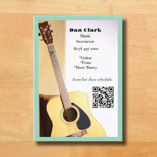 Light Teal QR Code  Music Teacher Acoustic Guitar  Business Card