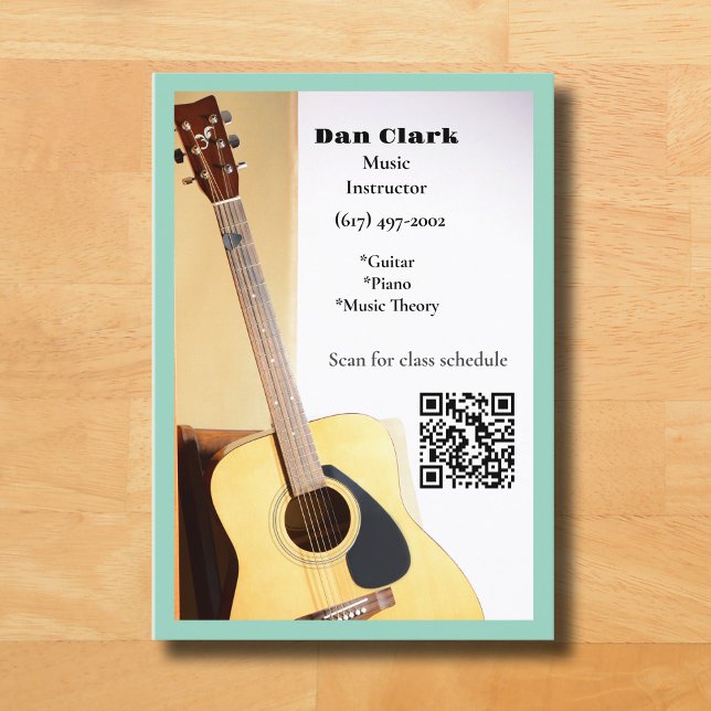 Light Teal QR Code  Music Teacher Acoustic Guitar  Business Card (Light Teal Music Teacher Guitar Business Card )